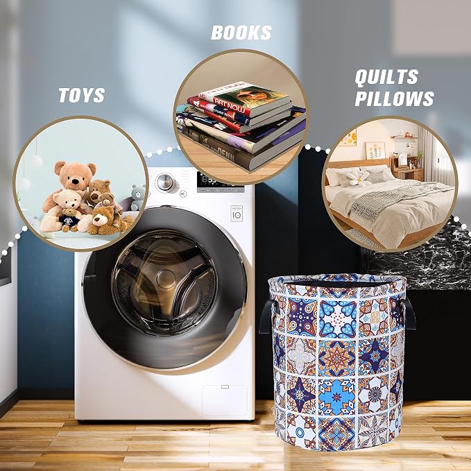 Mexican Tiles Pattern Laundry Basket Mandala Flowers Foldable Oxford Cloth - Image 5