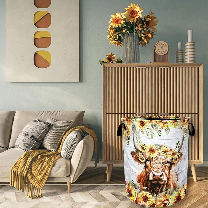 Sunflower Highland Cow Laundry Basket Foldable - Image 4