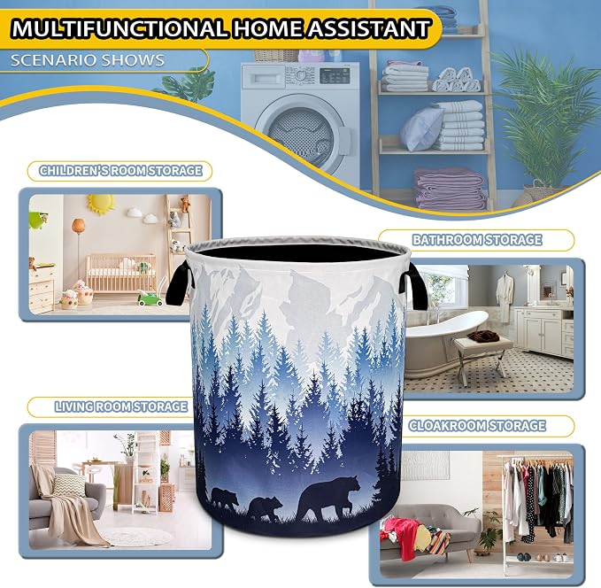 Mama Bear Laundry Basket Forest Mountains Foldable Oxford Cloth Funny Tote Bag - Image 6
