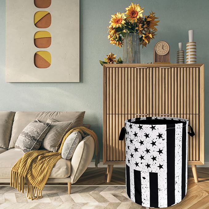 Retro Black and White American Flag Laundry Hamper USA Flag Laundry Basket - Image 7
