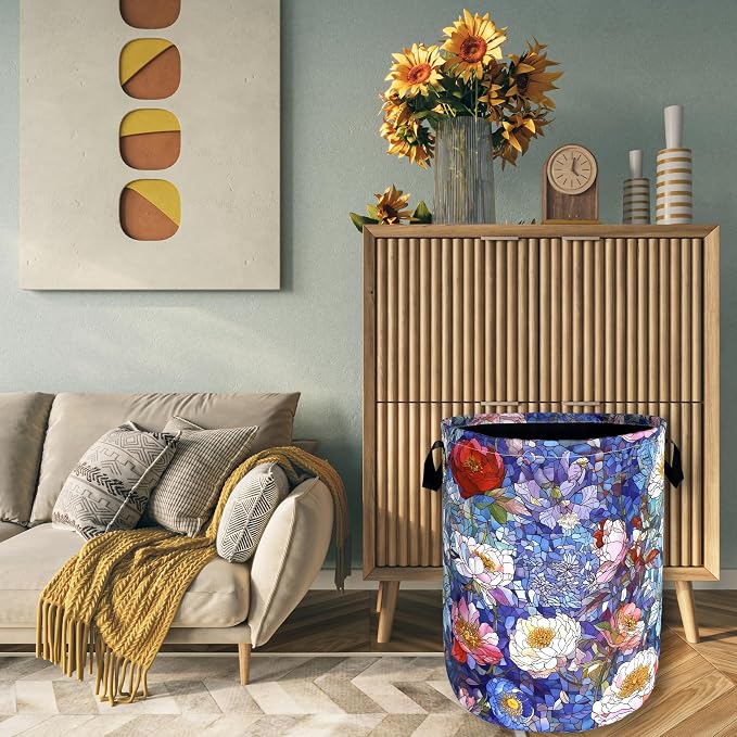 Blue Flowers Laundry Basket Glass Colorful Floral Foldable Funny Laundry Hamper - Image 7
