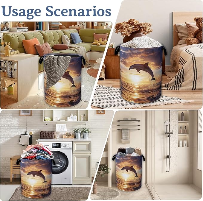 Dolphins Laundry Basket, Foldable Oxford Cloth Sunset Laundry Hamper - Image 7