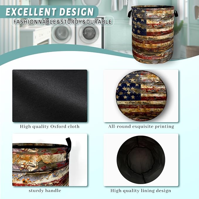 Vintage American Flag Laundry Basket Patriotic Funny Laundry Hamper Foldable - Image 4