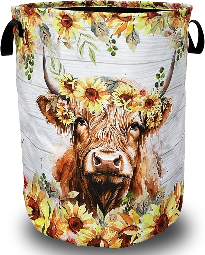 Sunflower Highland Cow Laundry Basket Foldable by SELIONLIKN