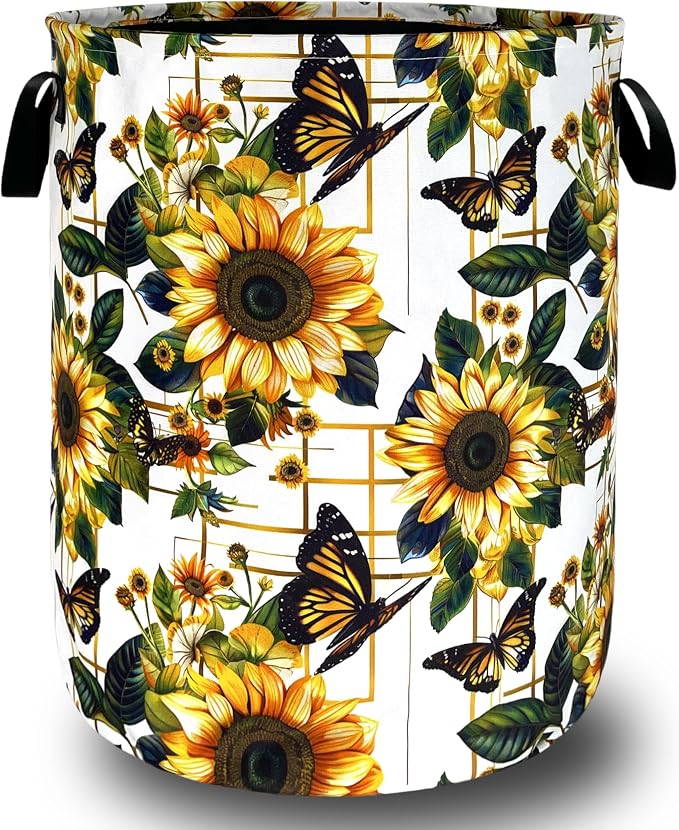 Yellow Sunflower Butterfly Laundry Basket Flowers Foldable Funny Laundry Hamper by SELIONLIKN