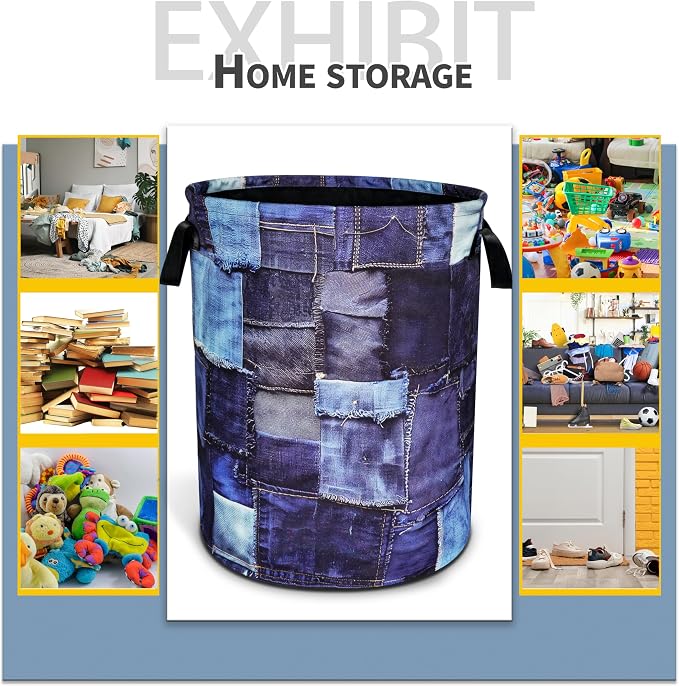 Blue Denim Pattern Laundry Basket Patchwork Design Foldable Oxford Cloth Funny - Image 5
