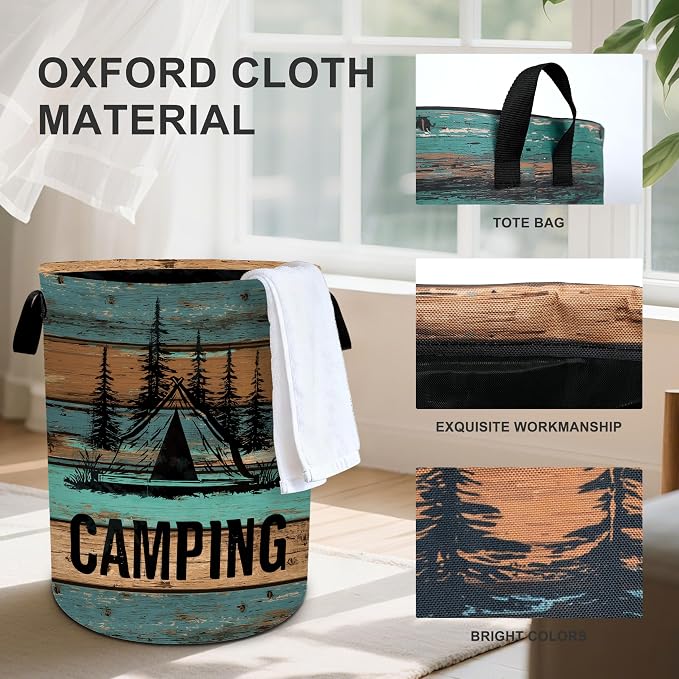 Wood Print Camping Laundry Basket Storage Bin Foldable Laundry Hamper Clothes - Image 4