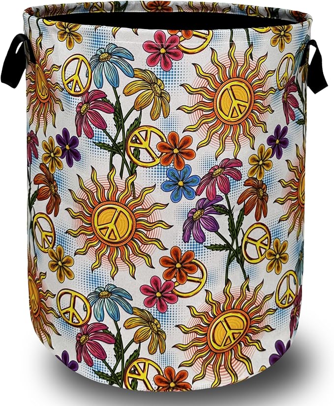 Colorful Hippie Peace Flowers Laundry Basket Foldable by SELIONLIKN