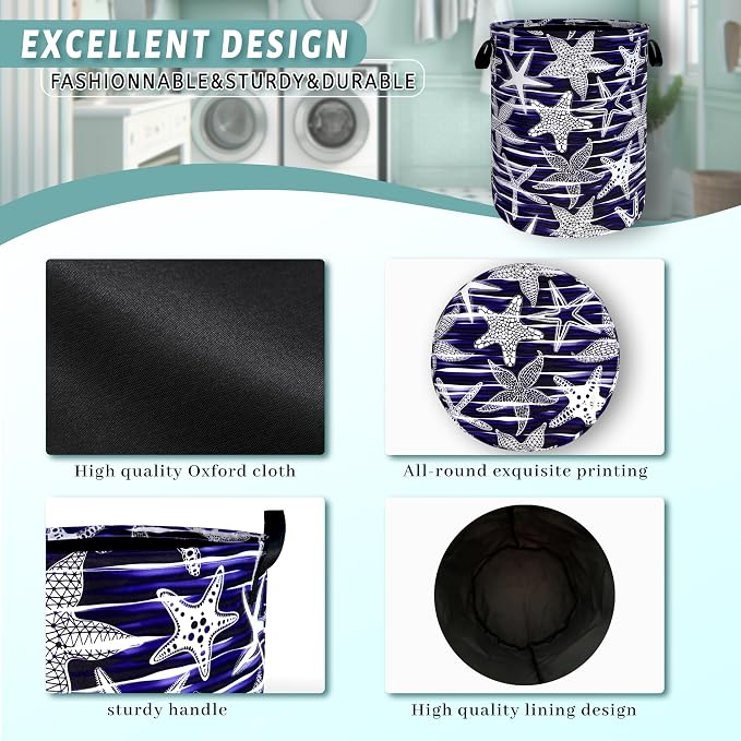 Blue Starfish Printed Laundry Basket Sea Beach Theme Funny Laundry Hamper - Image 4
