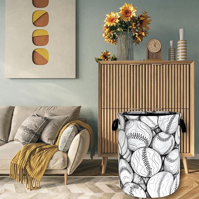Black White Baseball Pattern Laundry Basket Foldable Oxford Cloth Baseball - Image 7