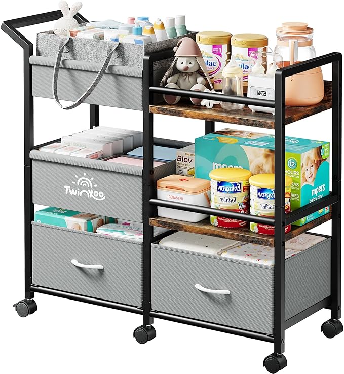 2-in-1 Baby Diaper Caddy Organizer, 3 Tier Rolling Storage Cart by Twinkoo