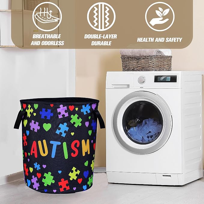 Autism Awareness Laundry Basket Puzzle Pattern Foldable Oxford Cloth Funny Tote - Image 8