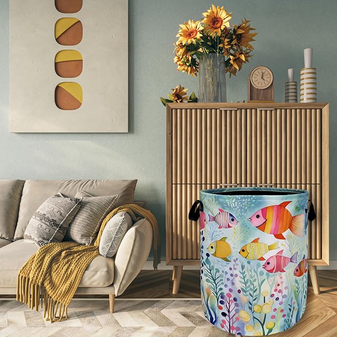 Watercolor Fish Laundry Basket Foldable - Image 7