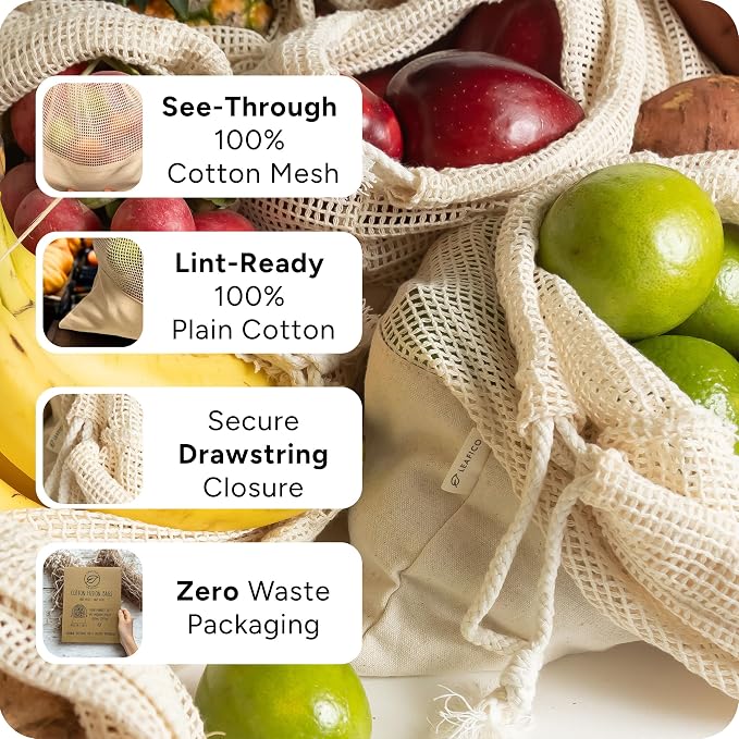 LEAFICO Reusable Produce Bags – 100% Cotton Mesh & Solid Hybrid – Reusable - Image 3