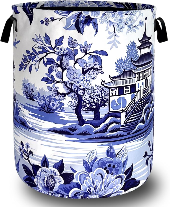 Blue White Porcelain Laundry Basket Chinoiserie Funny Laundry Hamper Foldable by SELIONLIKN