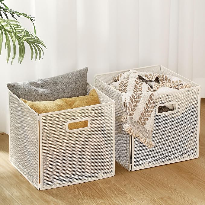 2 Pcs Easter Foldable Metal Cube Storage Baskets 13" x 13" White Kitchen Wire - Image 5