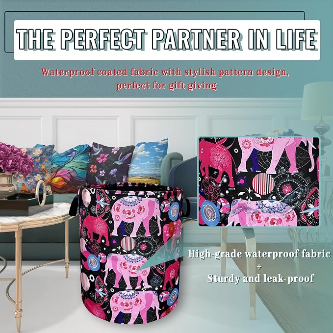 Pink Mandala Elephants Laundry Basket Foldable - Image 5