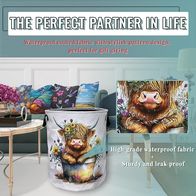 Cute Highland Cow Laundry Basket Foldable - Image 6