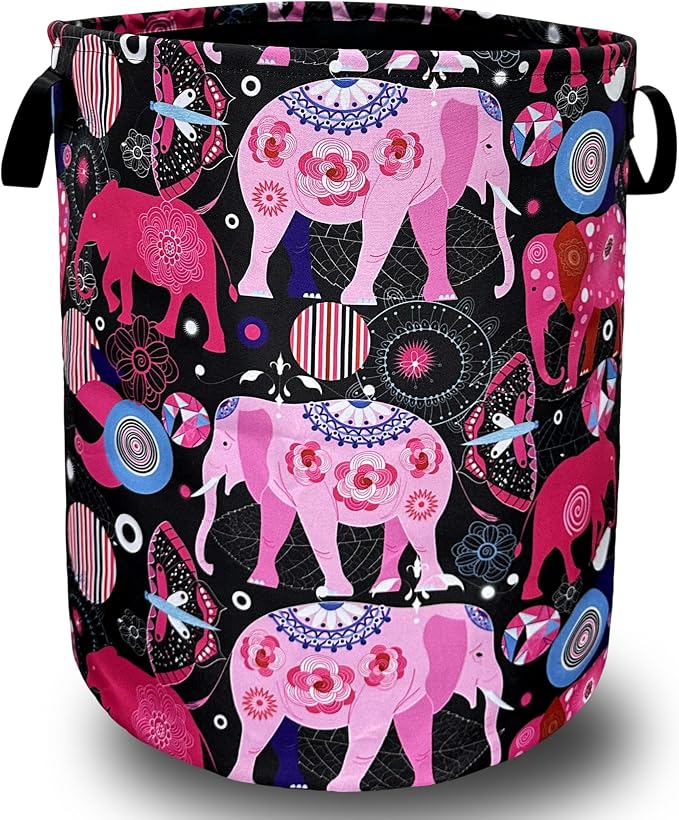 Pink Mandala Elephants Laundry Basket Foldable by SELIONLIKN