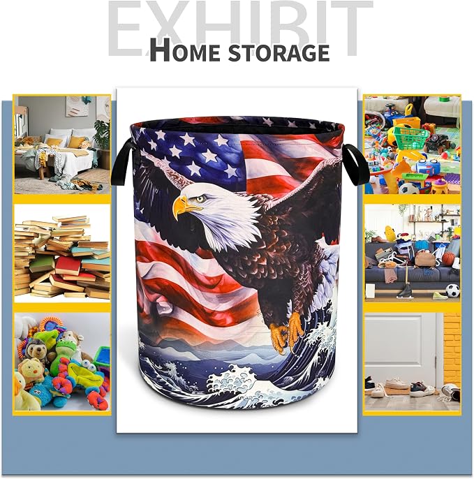 American Flag Eagle Wave Laundry Basket Foldable Oxford Cloth Funny Tote Bag - Image 5