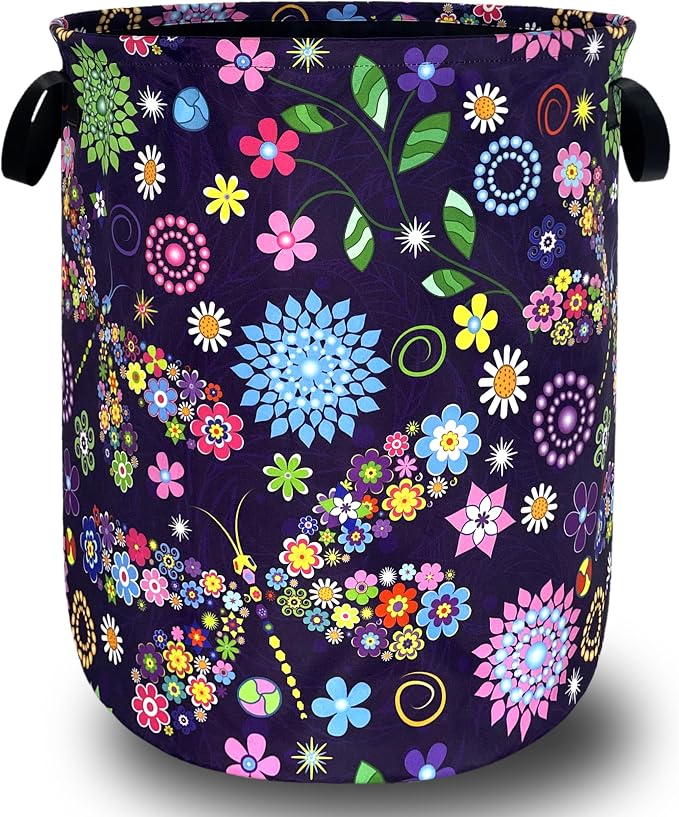Colorful Hippie Flowers Dargonfly Laundry Basket Foldable Oxford Cloth Laundry by SELIONLIKN