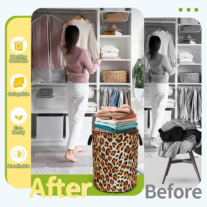 Brown Black Leopard Print Laundry Basket Funny Foldable Waterproof Oxford Cloth - Image 5