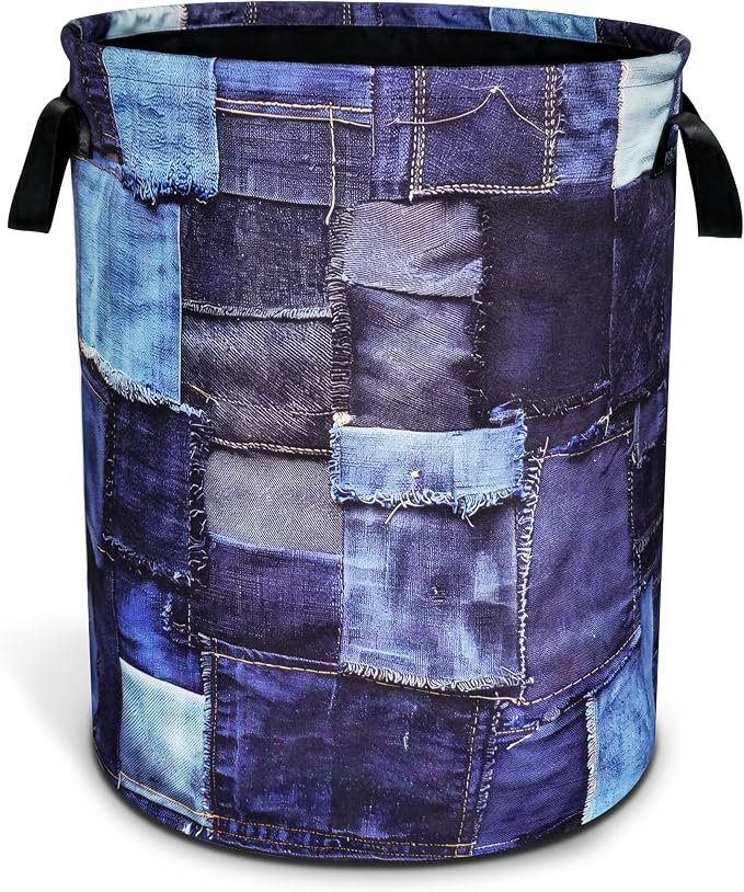 Blue Denim Pattern Laundry Basket Patchwork Design Foldable Oxford Cloth Funny by NUTAINLA