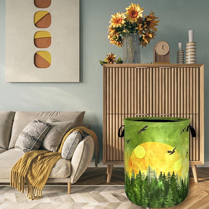Watercolor Sunset Laundry Basket Foldable Forest Laundry Hamper Oxford Cloth - Image 7