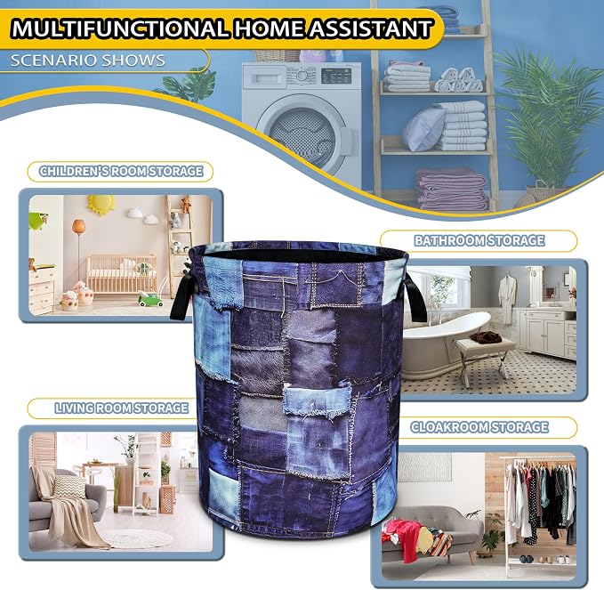 Blue Denim Pattern Laundry Basket Patchwork Design Foldable Oxford Cloth Funny - Image 6
