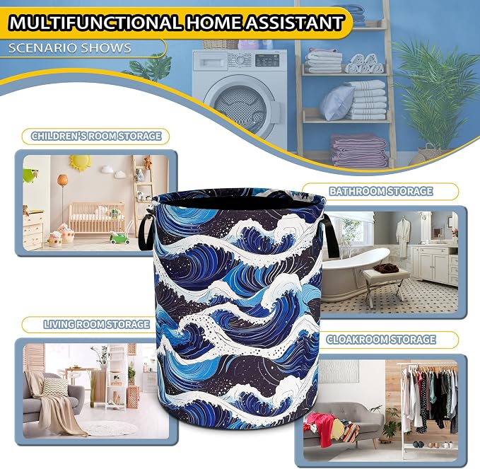 Ocean Wave Laundry Basket Sea Waves Foldable Oxford Cloth Funny Tote Bag - Image 6