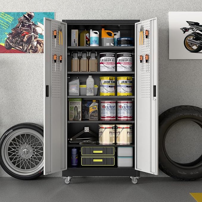 Garage Storage Cabinet with Wheels & Pegboard, Lockable Metal Storage Cabinet - Image 2