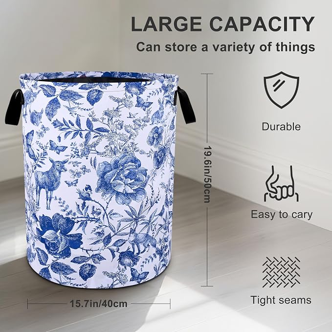 Blue Floral Laundry Basket Foldable Oxford Cloth Tote Bag Laundry Hamper - Image 3