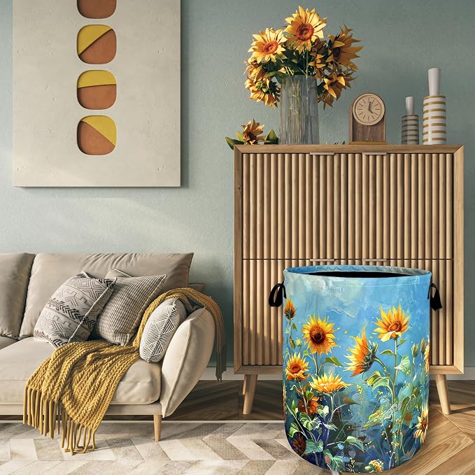Watercolor Sunflower Laundry Basket Flowers Funny Laundry Hamper Foldable - Image 7