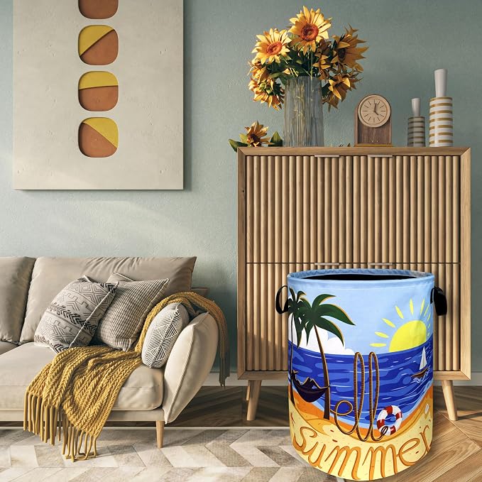 Hello Summer Laundry Hamper Colorful Beach Happy Holiday Laundry Basket - Image 7