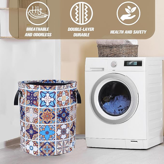 Mexican Tiles Pattern Laundry Basket Mandala Flowers Foldable Oxford Cloth - Image 8