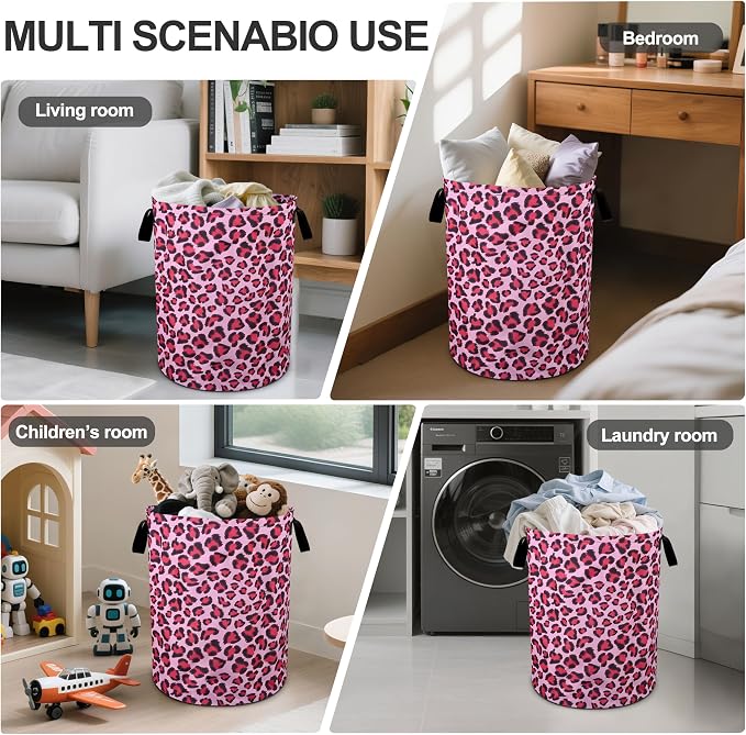 Pink Leopard Laundry Basket Foldable Oxford Cloth Tote Bag Laundry Hamper - Image 5