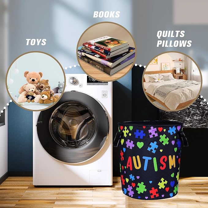 Autism Awareness Laundry Basket Puzzle Pattern Foldable Oxford Cloth Funny Tote - Image 5