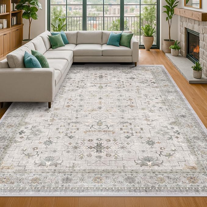 Boho Light Grey Living Room Rug 8x10 by HazoHaus