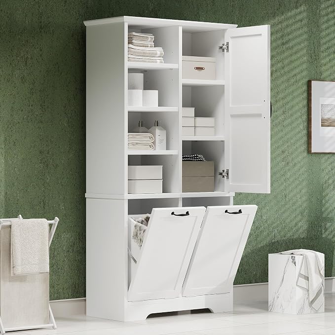 Merax Cabinet with Tilt-Out Laundry Hamper Basket, Tall Bathroom Storage - Image 3