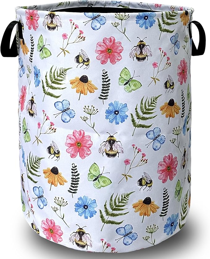 Cute Bee Floral Flowers Laundry Basket Foldable by SELIONLIKN