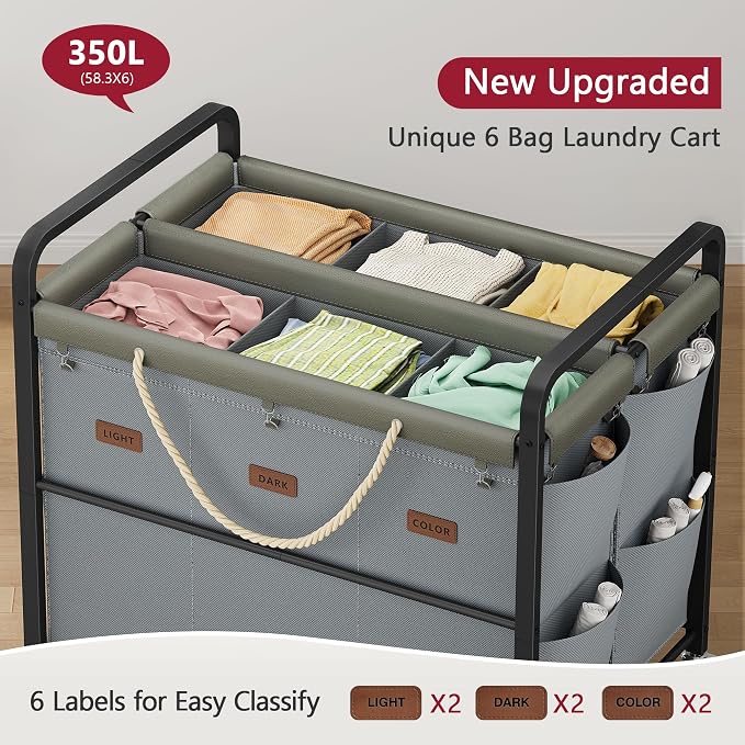 Tajsoon 350L Extra Large Laundry Cart 6 Section, Heavy Duty Laundry Sorter - Image 3