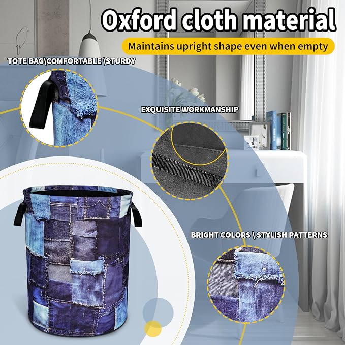 Blue Denim Pattern Laundry Basket Patchwork Design Foldable Oxford Cloth Funny - Image 3