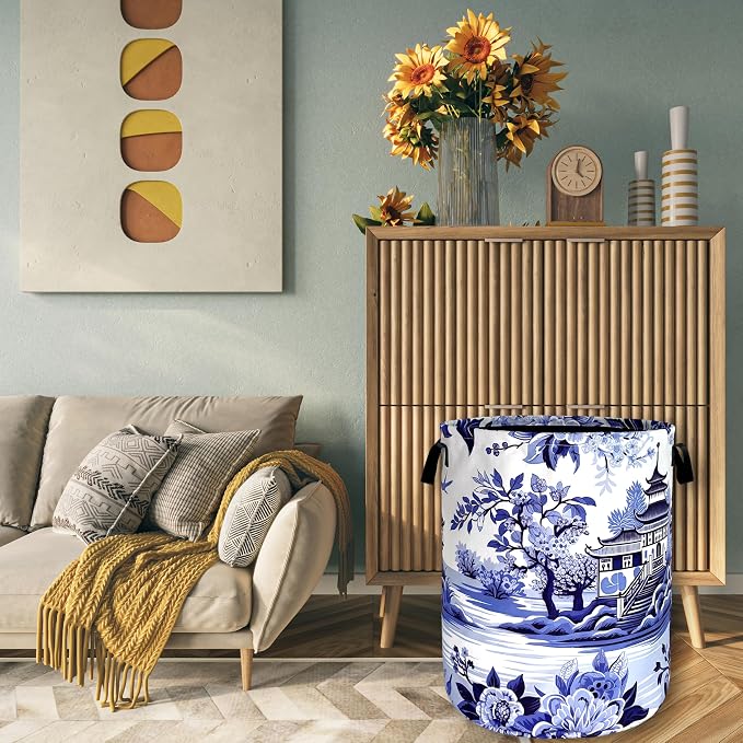 Blue White Porcelain Laundry Basket Chinoiserie Funny Laundry Hamper Foldable - Image 7