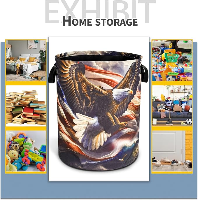 American Flag Bald Eagle Laundry Basket Foldable Oxford Cloth Funny Tote Bag - Image 5
