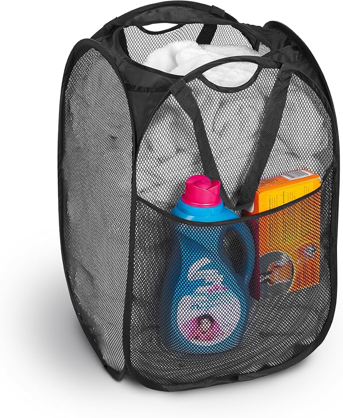 Smart Design Deluxe Mesh Pop Up Square Laundry Hamper w/ Side Pocket & Handles by PROMART