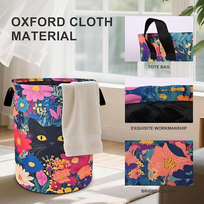 Black Cat Floral Laundry Basket Foldable Oxford Cloth Tote Bag Laundry Hamper - Image 2