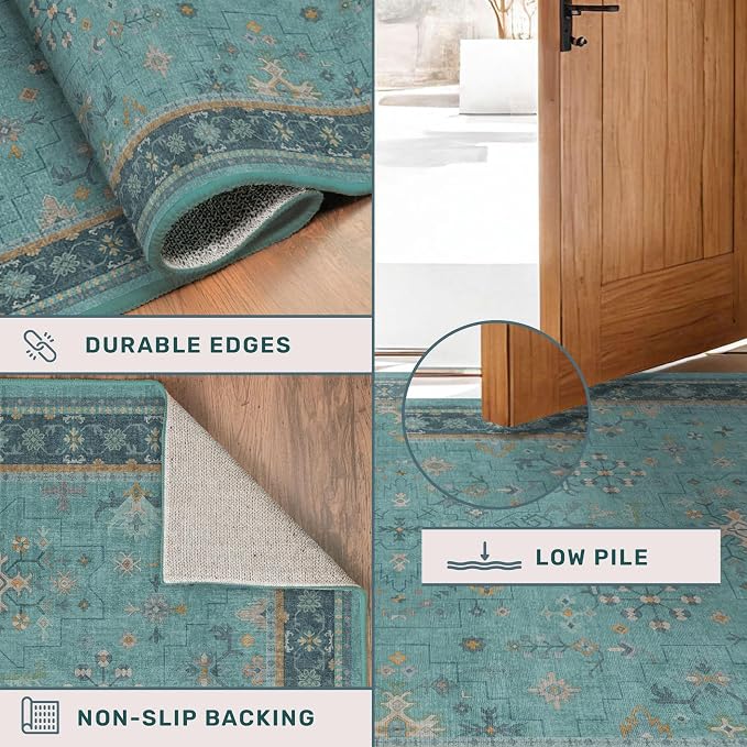 Washable 10x14 Teal Boho Living Room Rug - Image 4