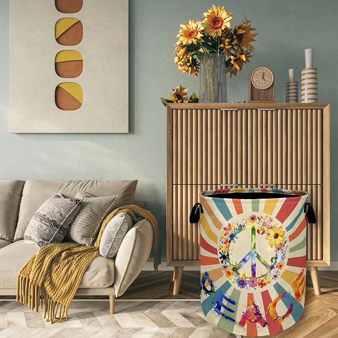 Retro Colorful Hippie Peace Laundry Basket Foldable - Image 7