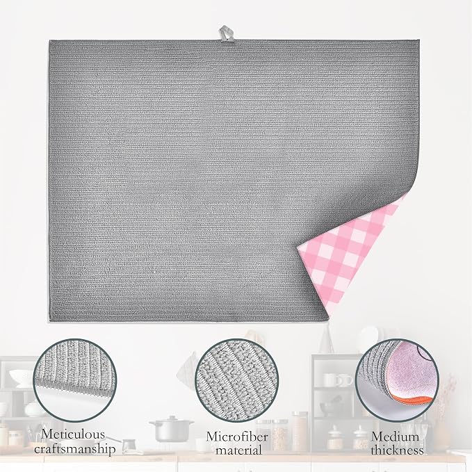 Pink White Checkered Dish Drying Mats 18x24 Inch, Dish Pad Drying Rack Mat - Image 4