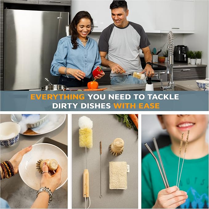 Bamboo Dish Brush Set – Eco Kitchen Cleaning Kit | Bottle Brush, Straw Brush - Image 4